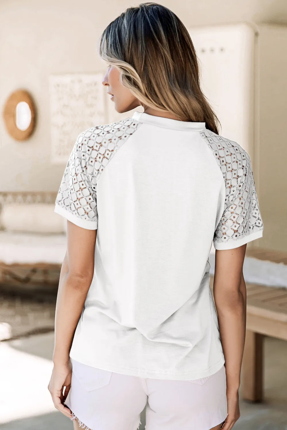 White Seamed Detail Contrast Lace Tee