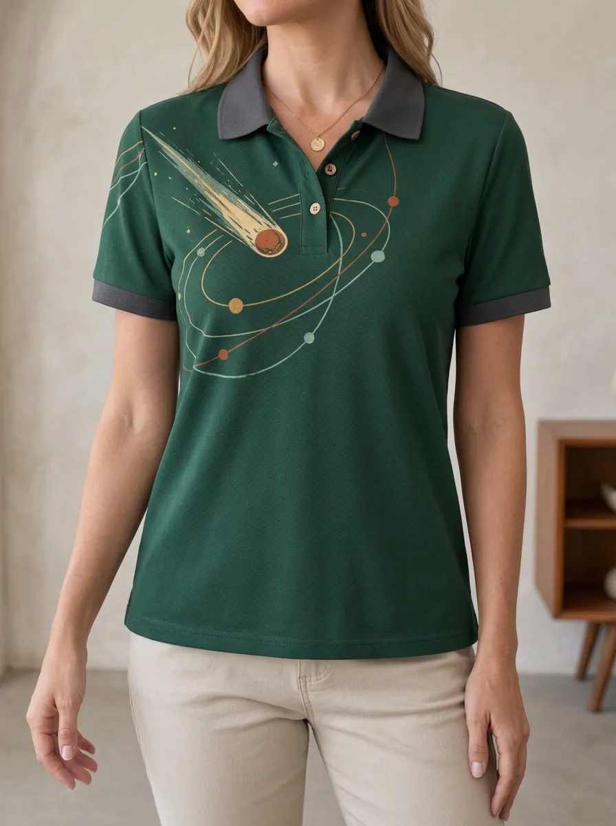 Women's Astronomy Lover Comet Solar System Printed Polo Shirt