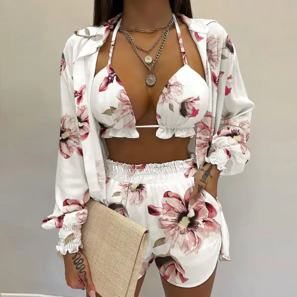 Long Sleeve Shirt Triangle Shorts Swim Bottoms