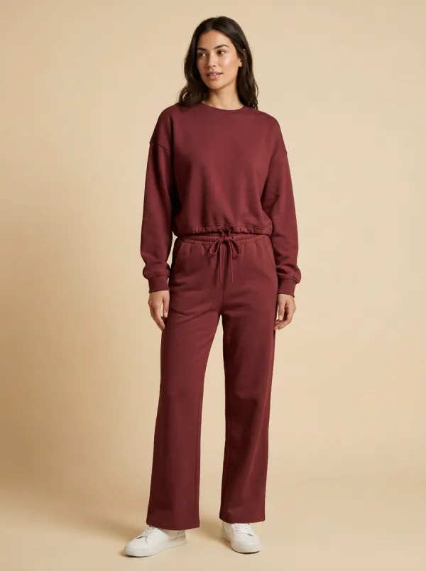 Women's Cropped Crewneck Sweatshirt And Drawstring Wide-Leg Trouser Lounge Set