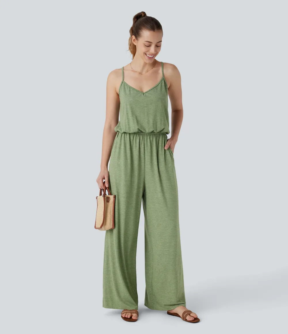 Adjustable & Removable Strap Pocket Wide Leg Jumpsuit