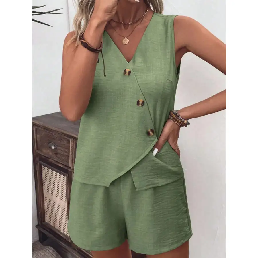 Relaxed Button Up Vest and Shorts Set
