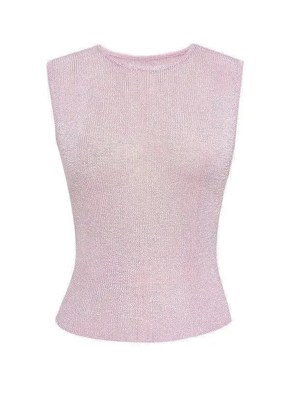 Crew-Neck Sheer Metallic Cropped Tank Top