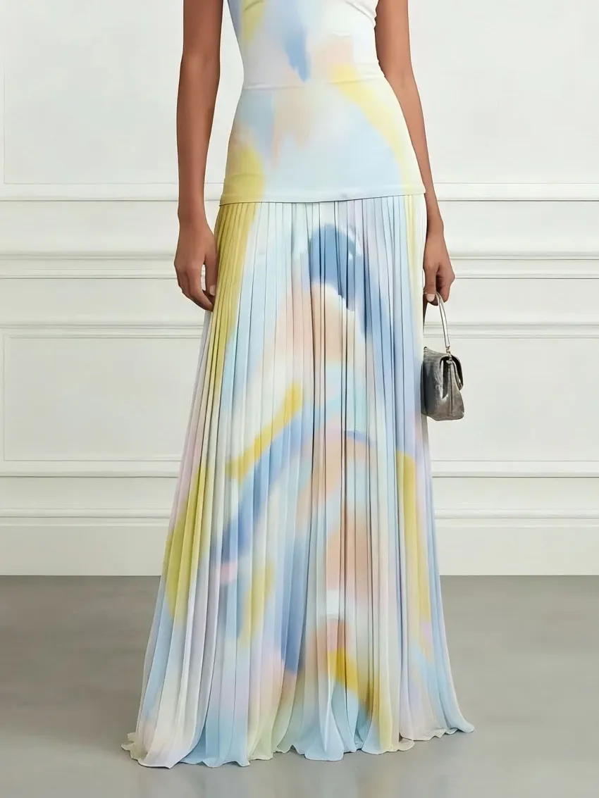 Watercolor Print Pleated Maxi Dress