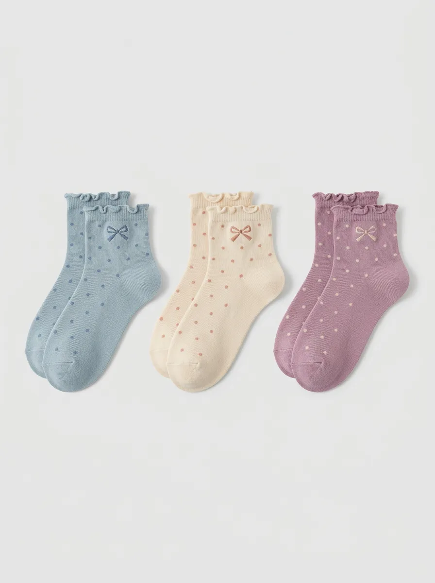 Women's Cute Bow Polka Dot Ruffle Trim Printed Socks 3-Pack