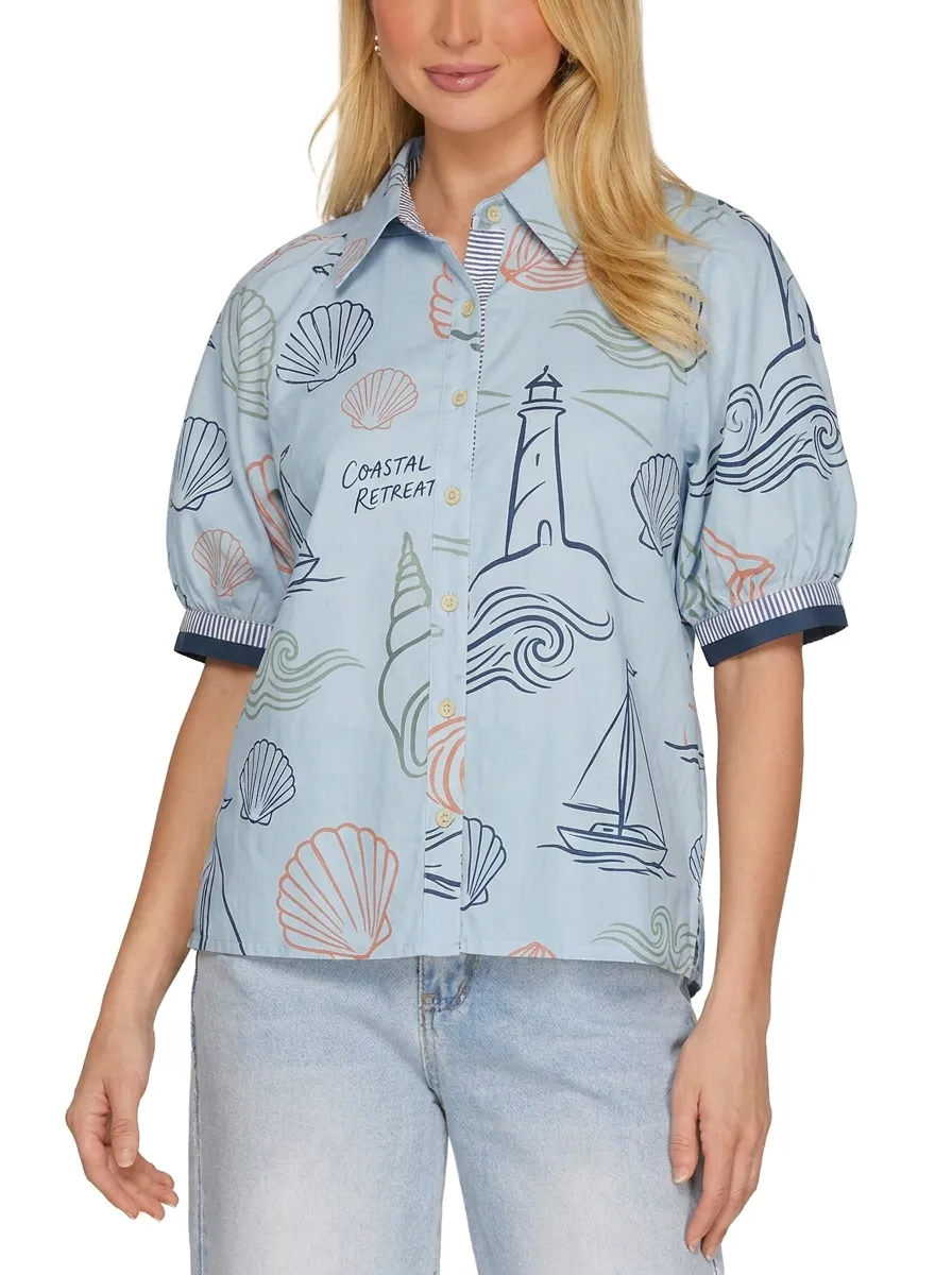 Women's Coastal Retreat Lighthouse Seashell Printed Shirt