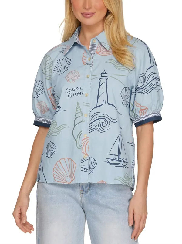 Women's Coastal Retreat Lighthouse Seashell Printed Shirt