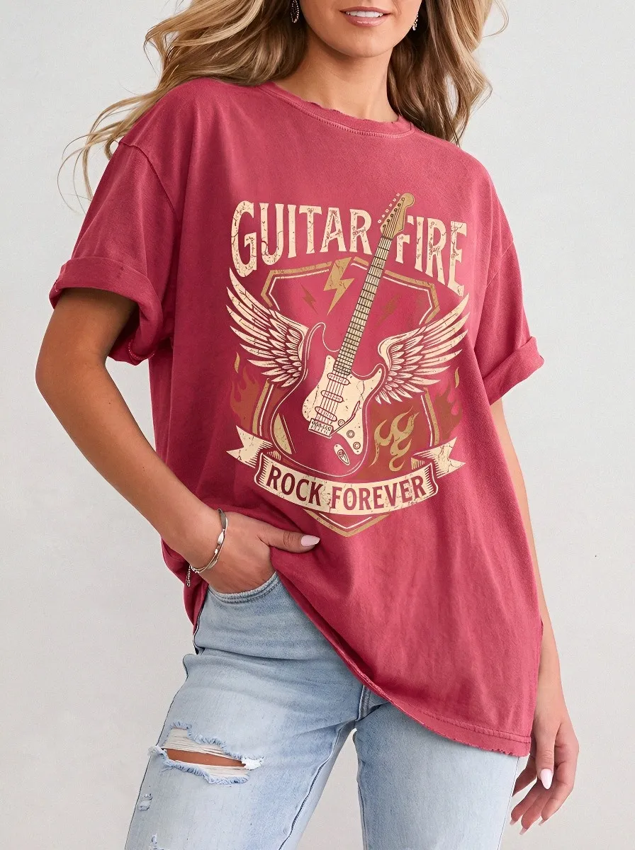 Women's Rock Music Lover Winged Guitar Fire Printed T-shirt