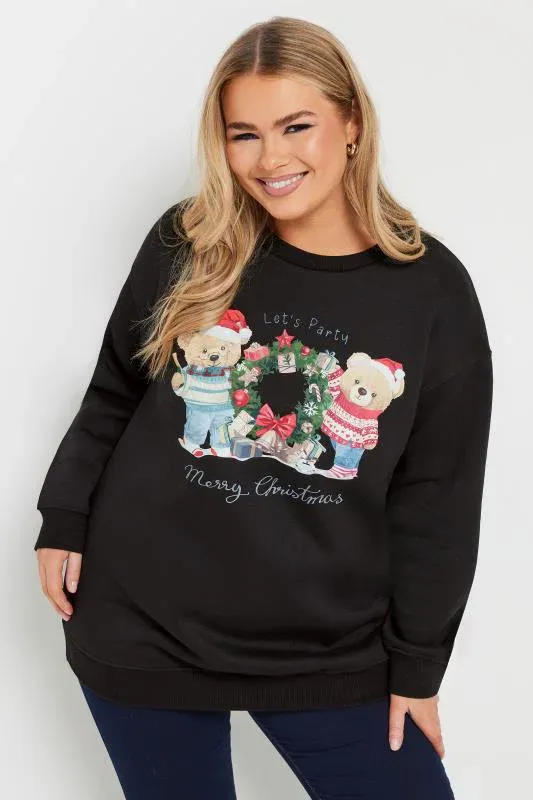 Black Teddy Bear Christmas Print Sweatshirt