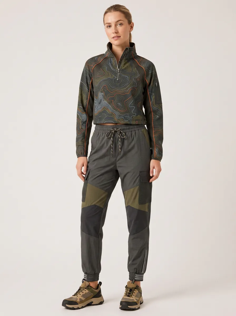 Women's Outdoor Hiking Topographic Printed Quarter-Zip Cargo Jogger Set