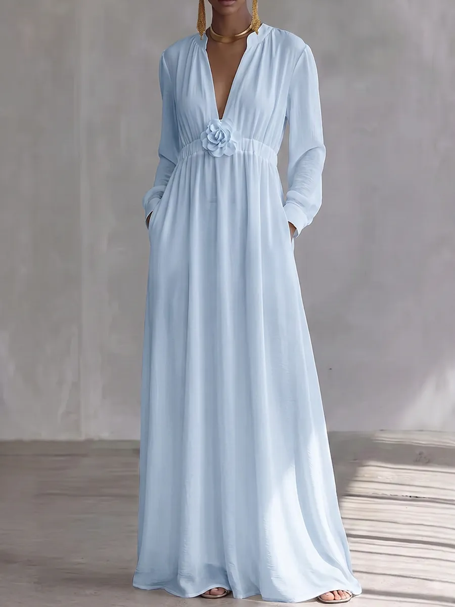 Pockets Pleated Long Neck Maxi Dress
