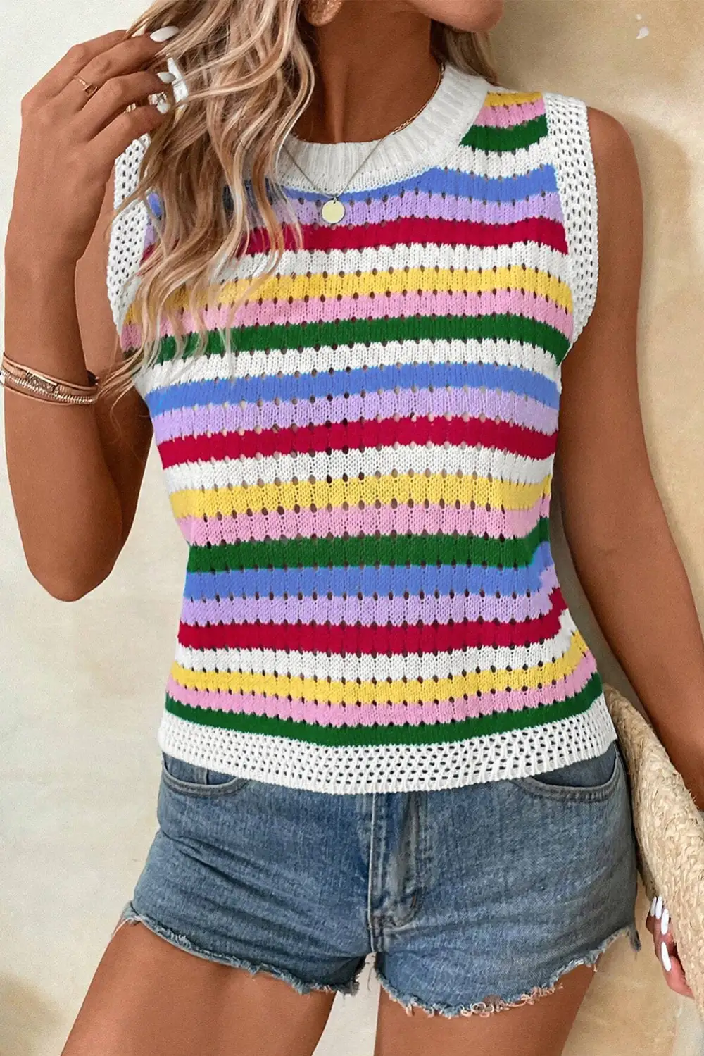 Striped Knit Eyelet Fitted Sweater Vest