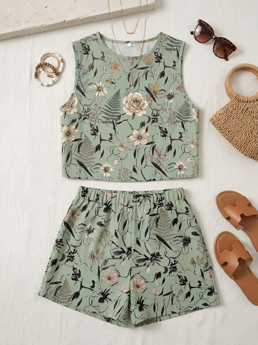 Women's Botanical Floral Sage Green Printed Sleeveless Shorts Set
