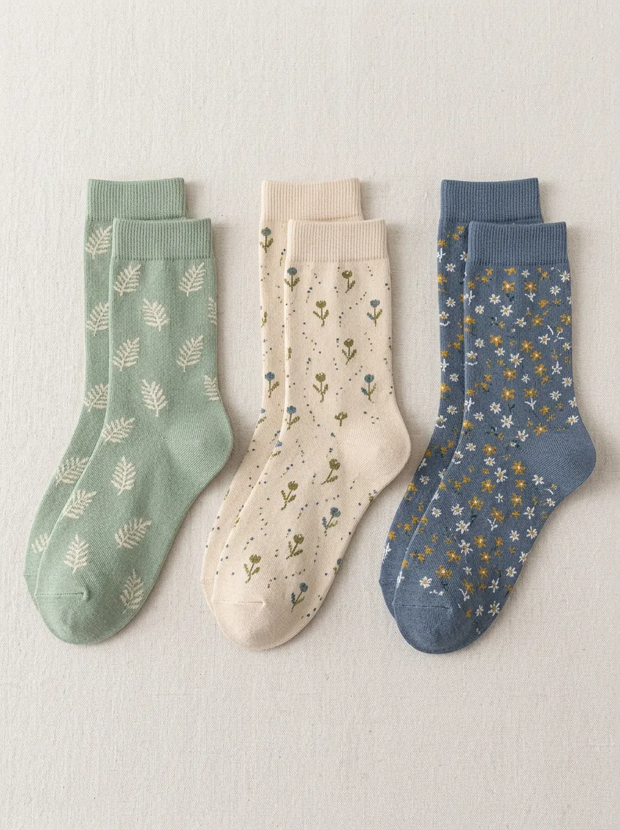 Women's Fern Daisy Botanical Crew Socks Three Pair Set