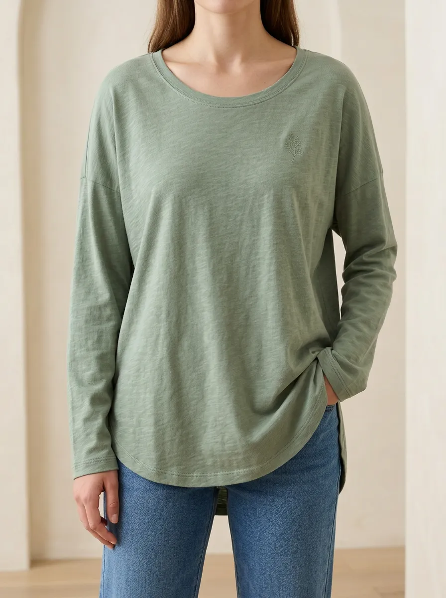 Weekend Ready Embroidered Detail Ribbed Texture Women's Long Sleeve Tee