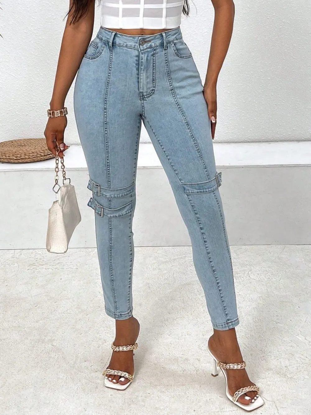 Decorative Buckle Skinny Pocket Denim Jeans