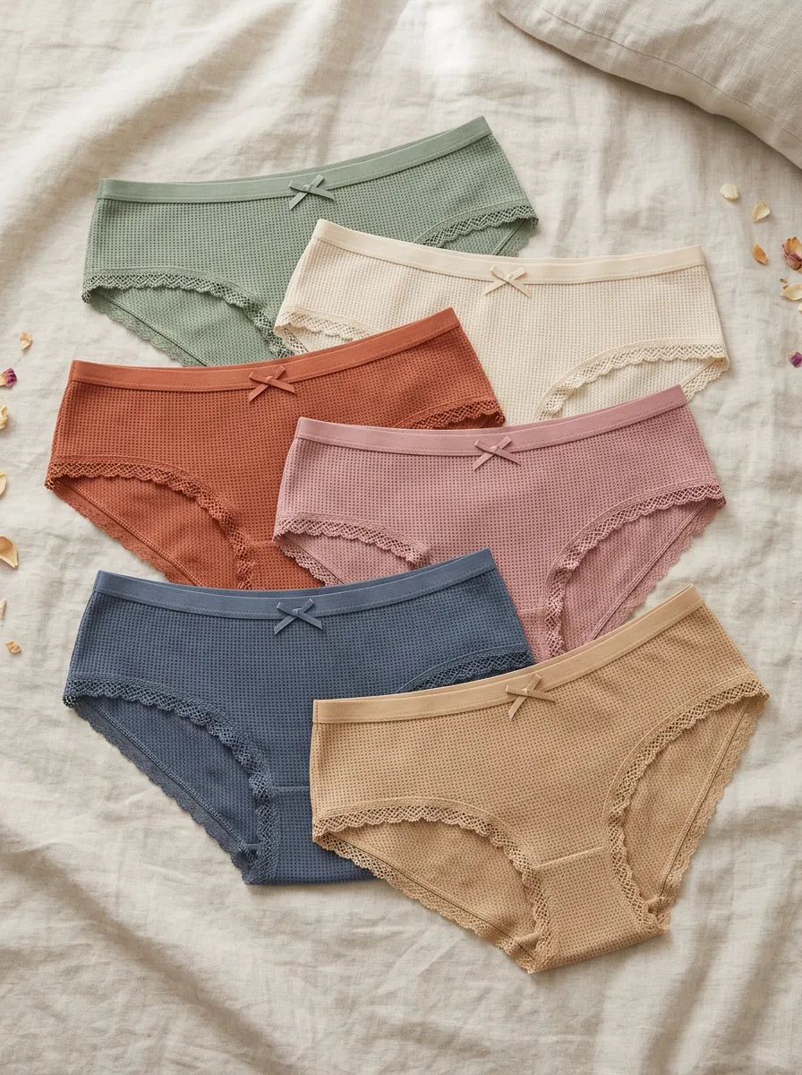 Women's Bow-Detail Waffle-Knit Lace-Trim Briefs Set