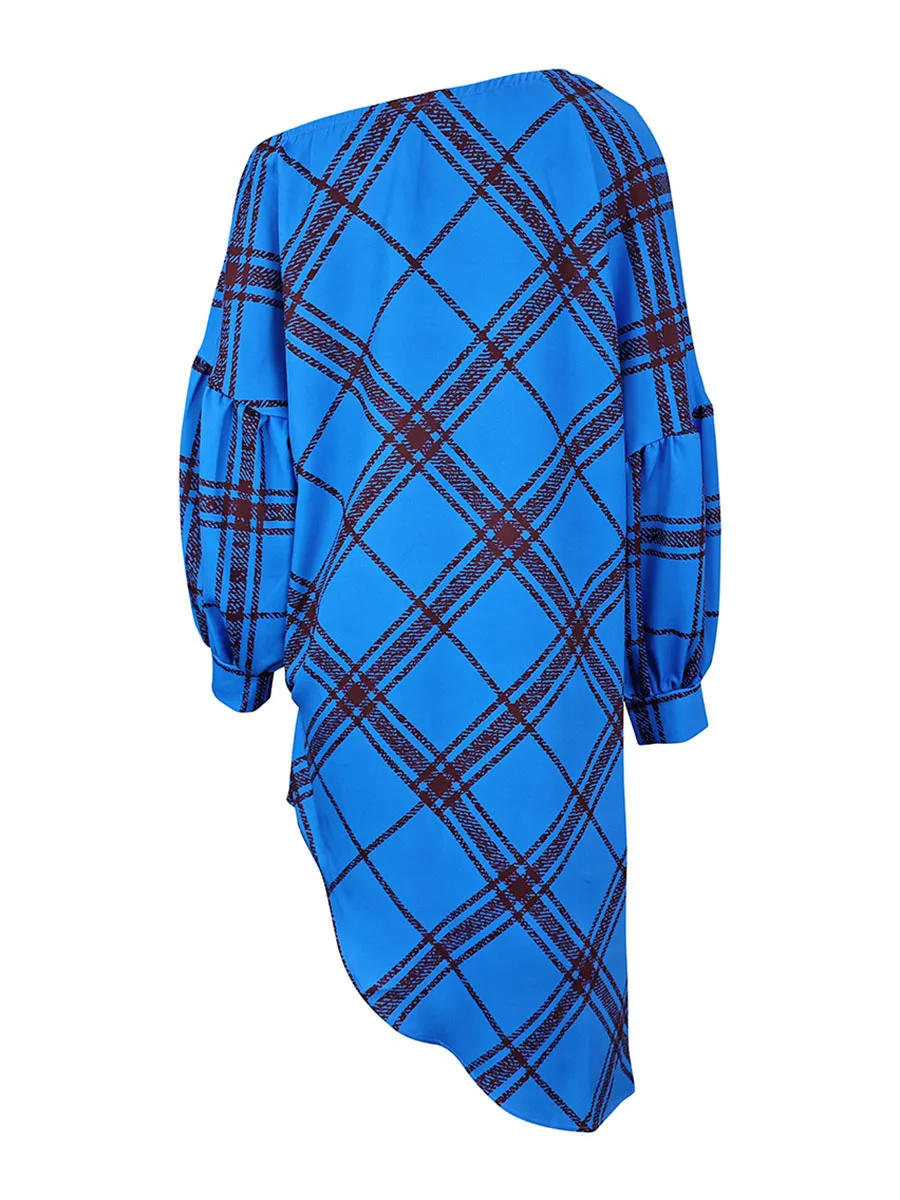 Long Sleeve Puff Sleeve Asymmetric Contrast Color Plaid Pleated One Shoulder