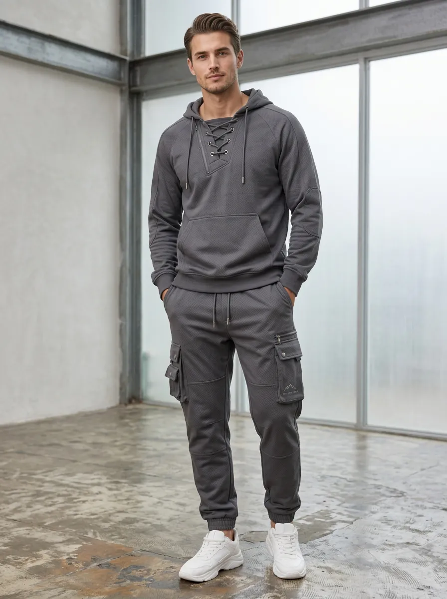 Core Lace-Up Multi Pocket Edit Men's Lace Up Hoodie And Cargo Jogger Set