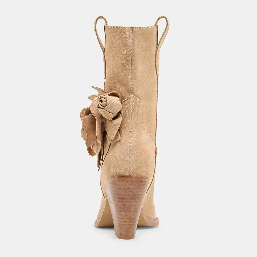 Faux-Suede Pull-On Floral Pointed-Toe Western Boots
