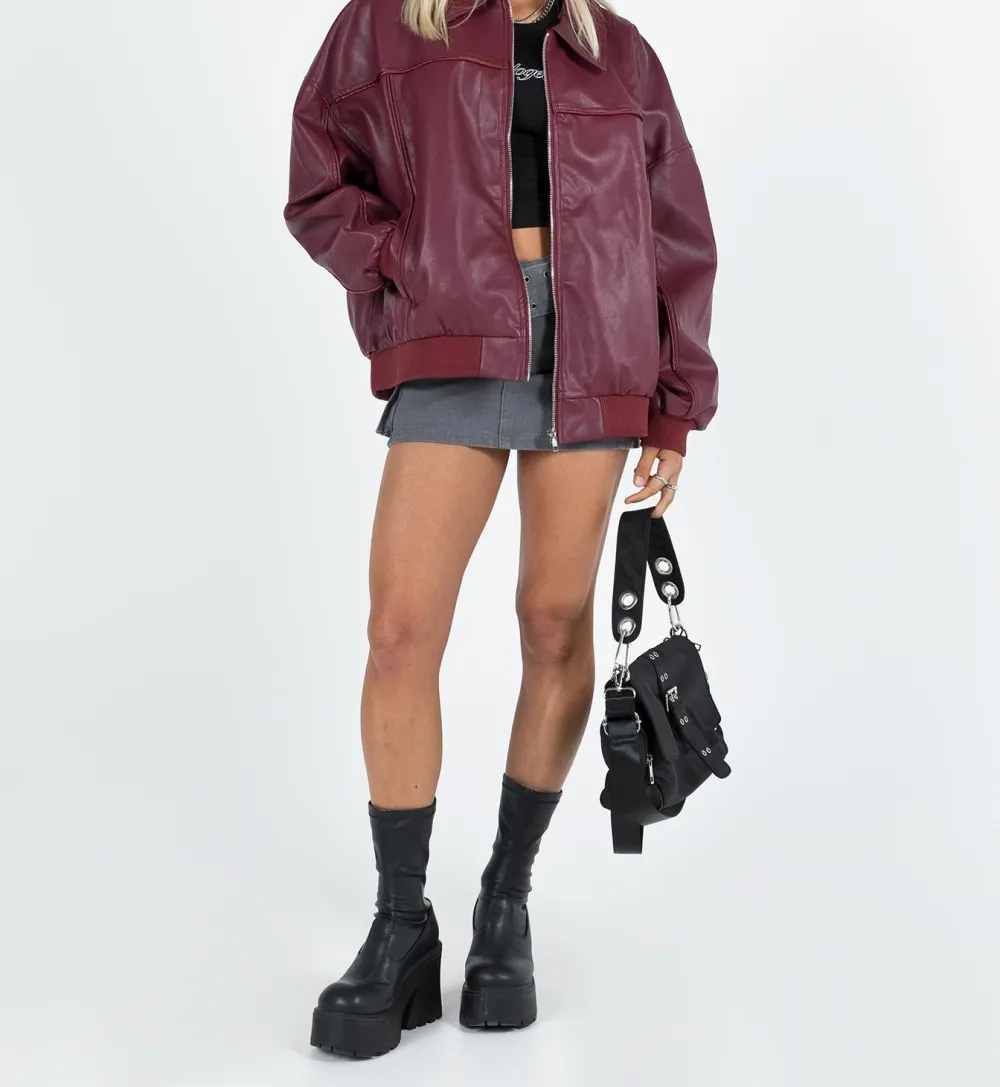 Burgundy Faux Leather Oversized Bomber Jacket
