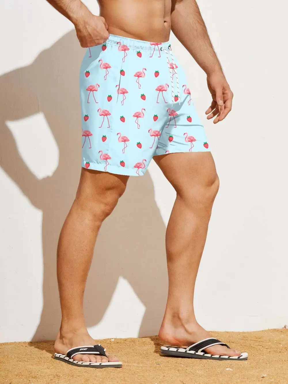 Men's Boho Flamingo Drawstring Allover Print Beach Shorts
