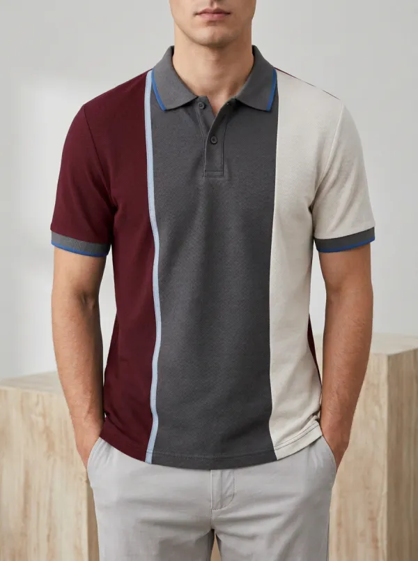 Men's Classic Relaxed Fit Colorblock Stripe Printed Polo Shirt