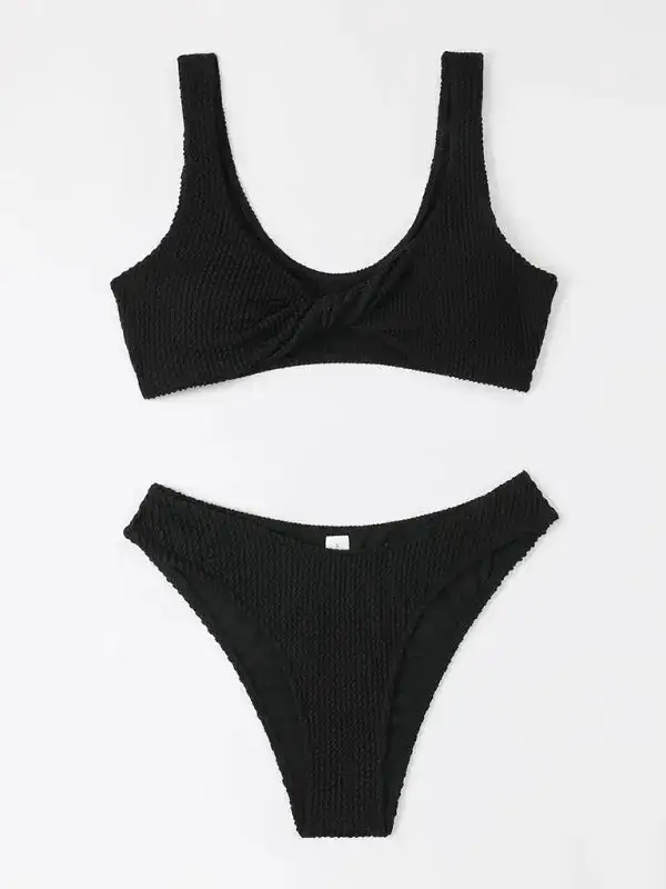 Twisted One Piece Wrinkled Wavy Fabric Swim Set