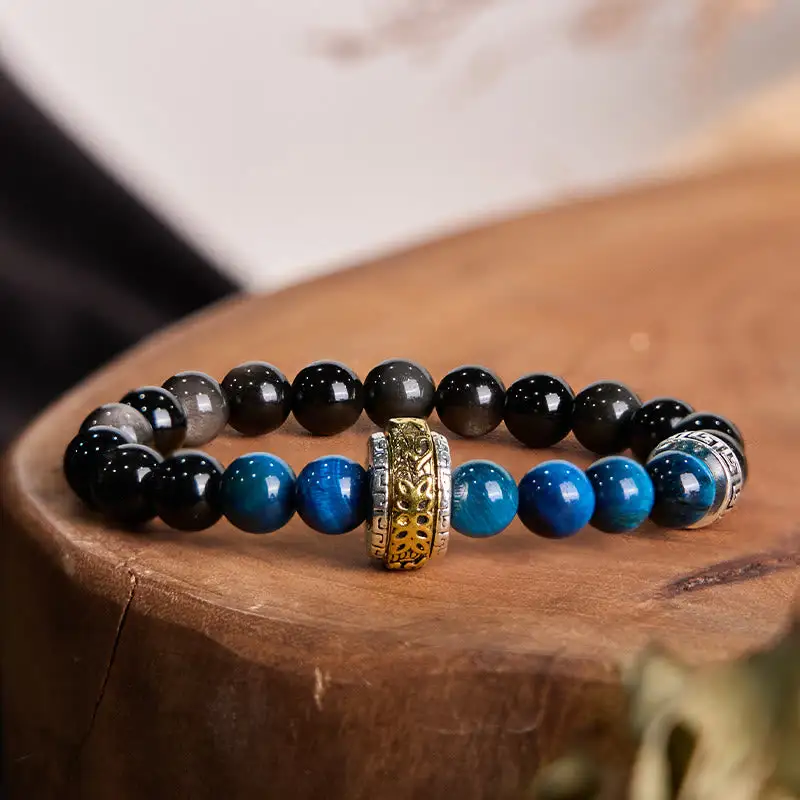 Engraved Obsidian Tiger Eye Om Mani Padme Hum Bracelet