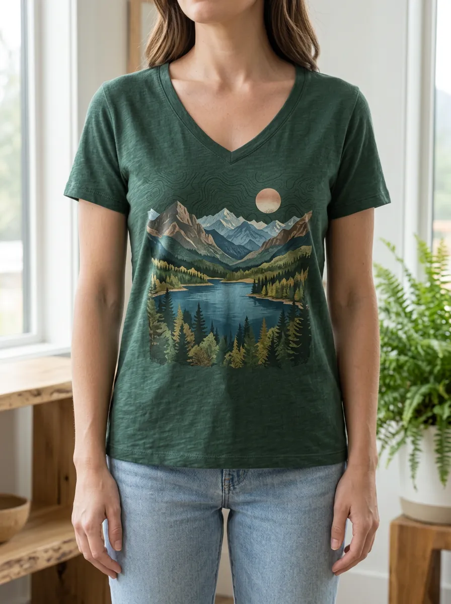Women's Trail Nature Lover Mountain Lake Forest V-Neck T-Shirt