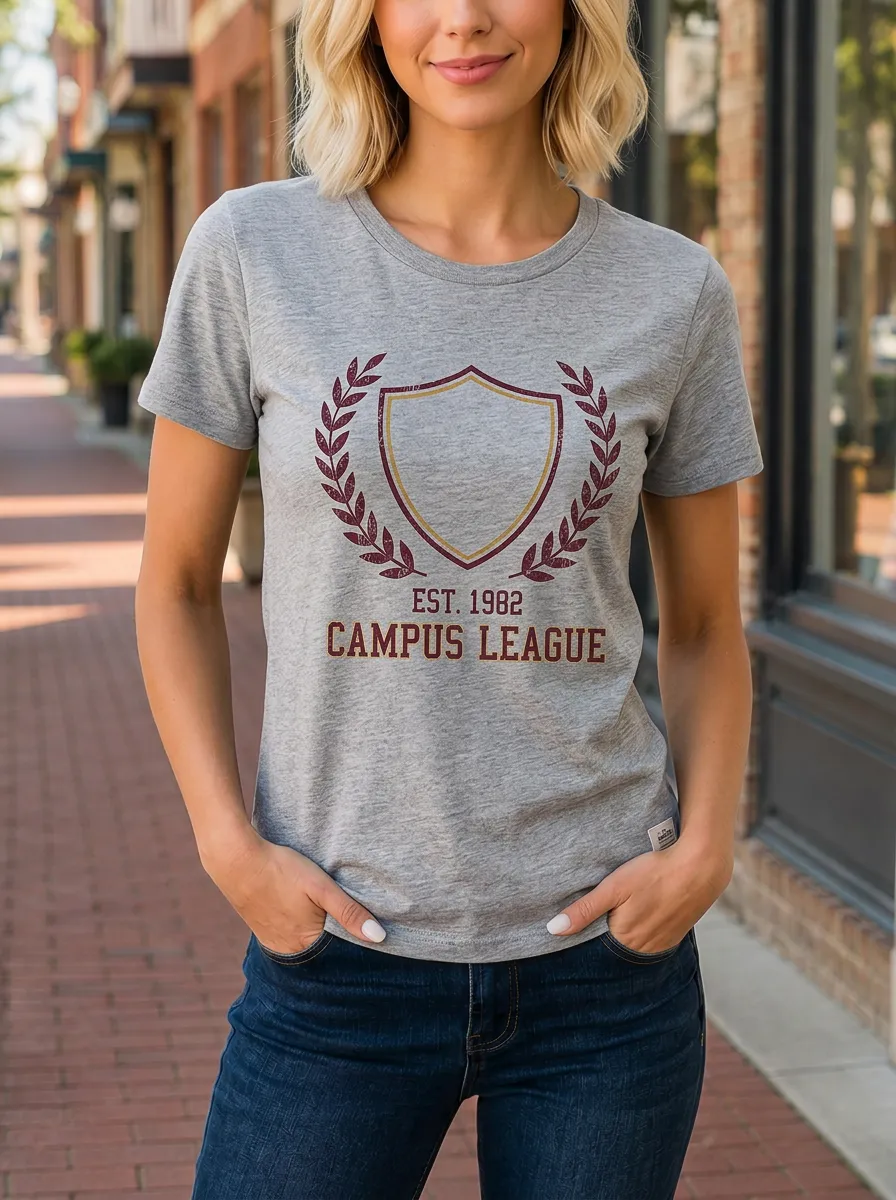 Women's Campus League 1982 Shield Laurel Printed T-shirt