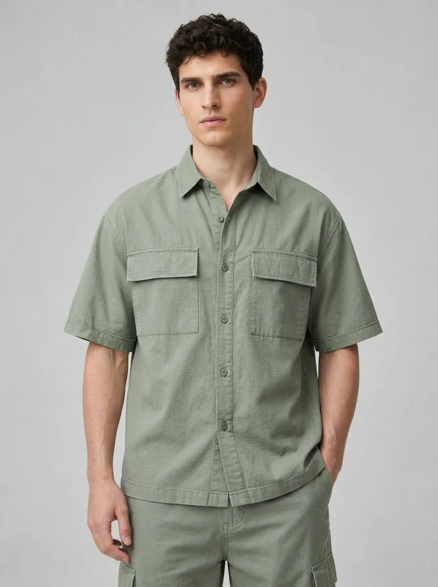 Men's Sage Green Breathable Utility Pocket Short Sleeve Shirt