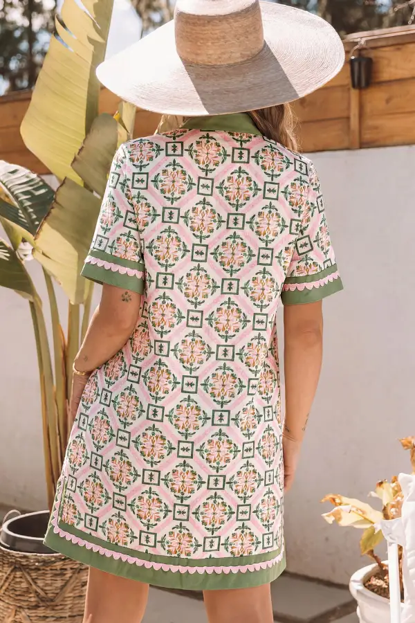 Floral Geometric Print Short Sleeve Mini Dress