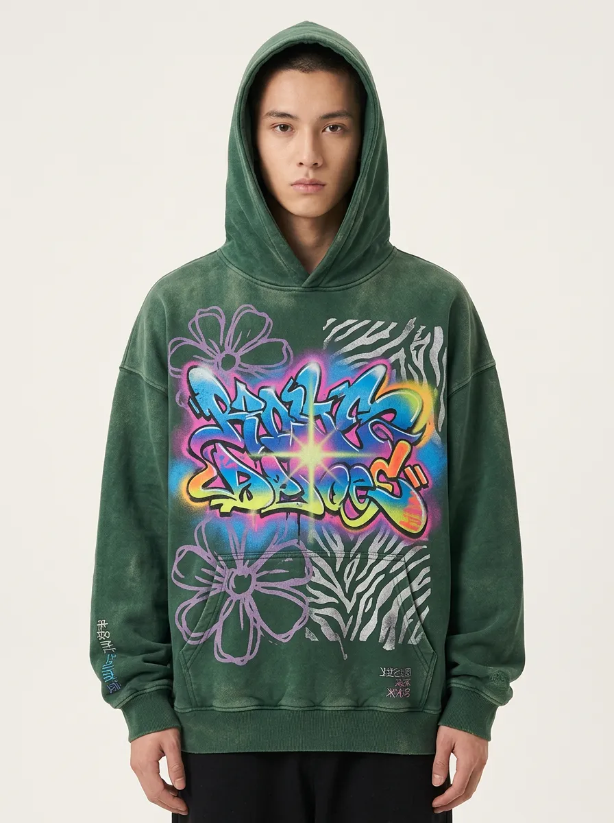 Unisex Streetwear Graffiti Flower Zebra Graphic Hoodie