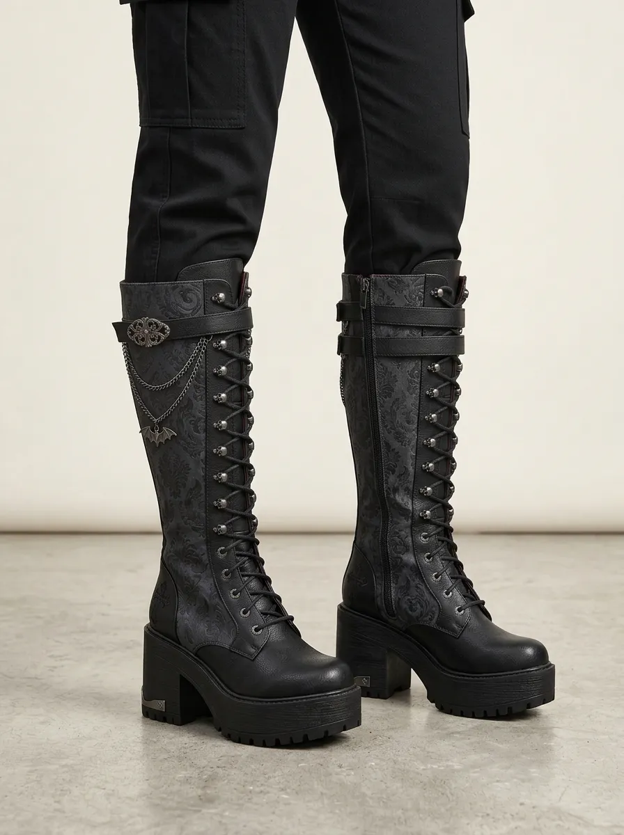 Darkwear Skull Bat Damask Collection Women's Gothic Platform Boots