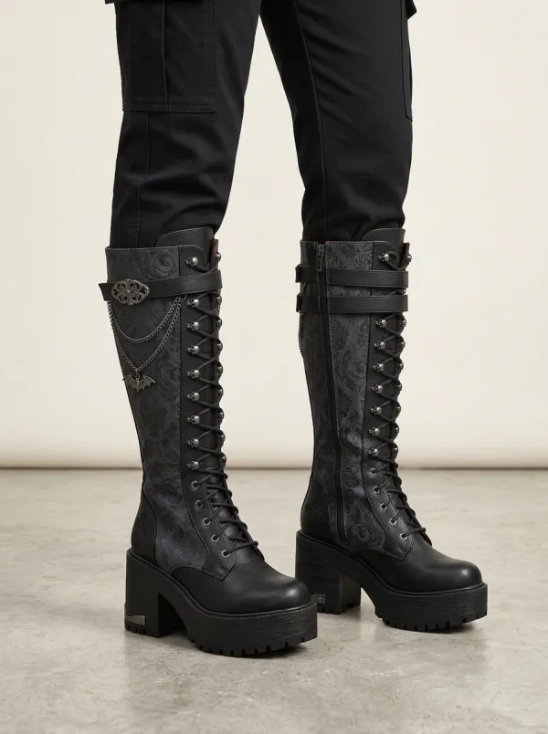 Darkwear Skull Bat Damask Collection Women's Gothic Platform Boots