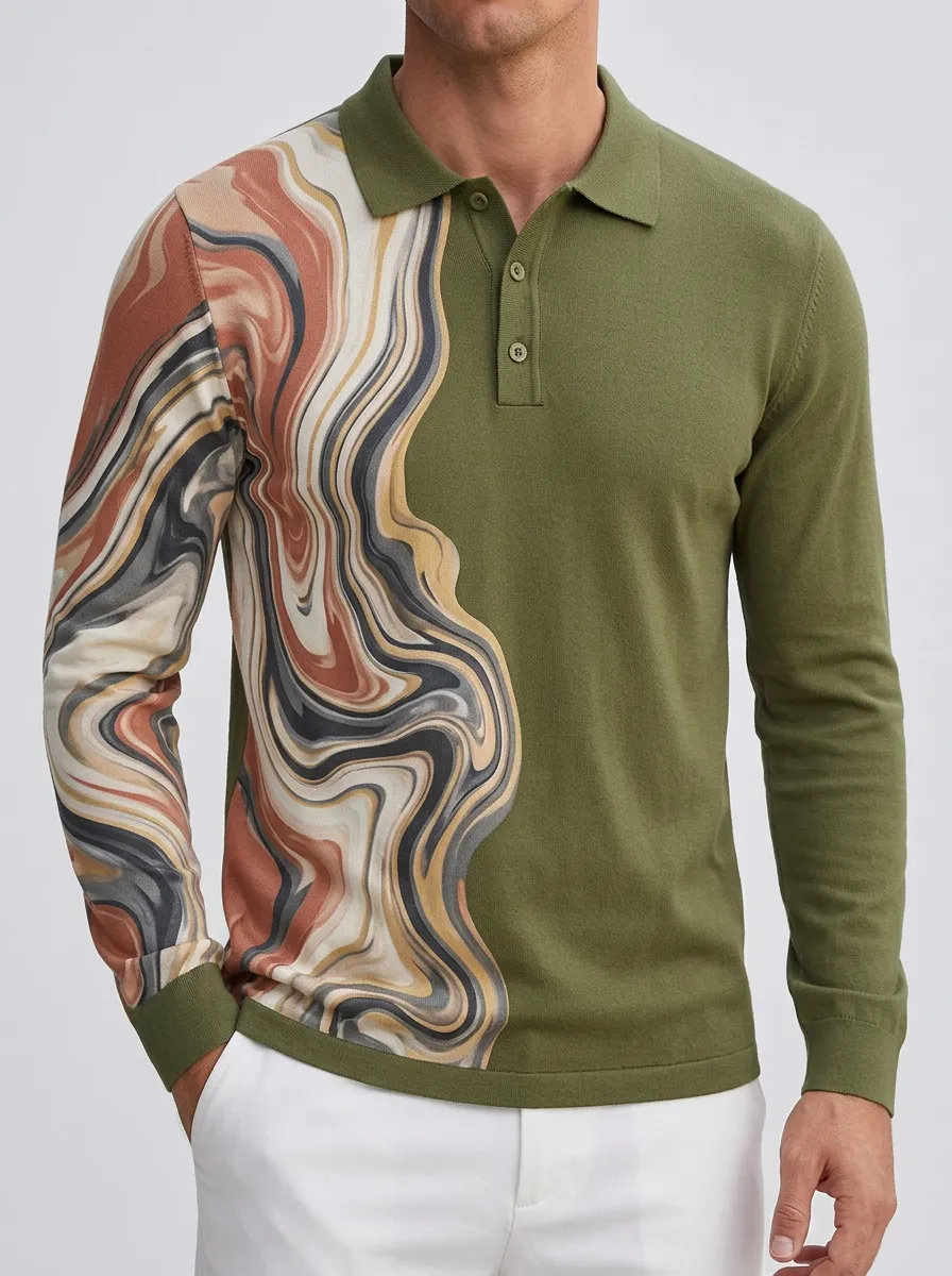 Men's Abstract Marble Pattern Printed Long Sleeve Polo Shirt