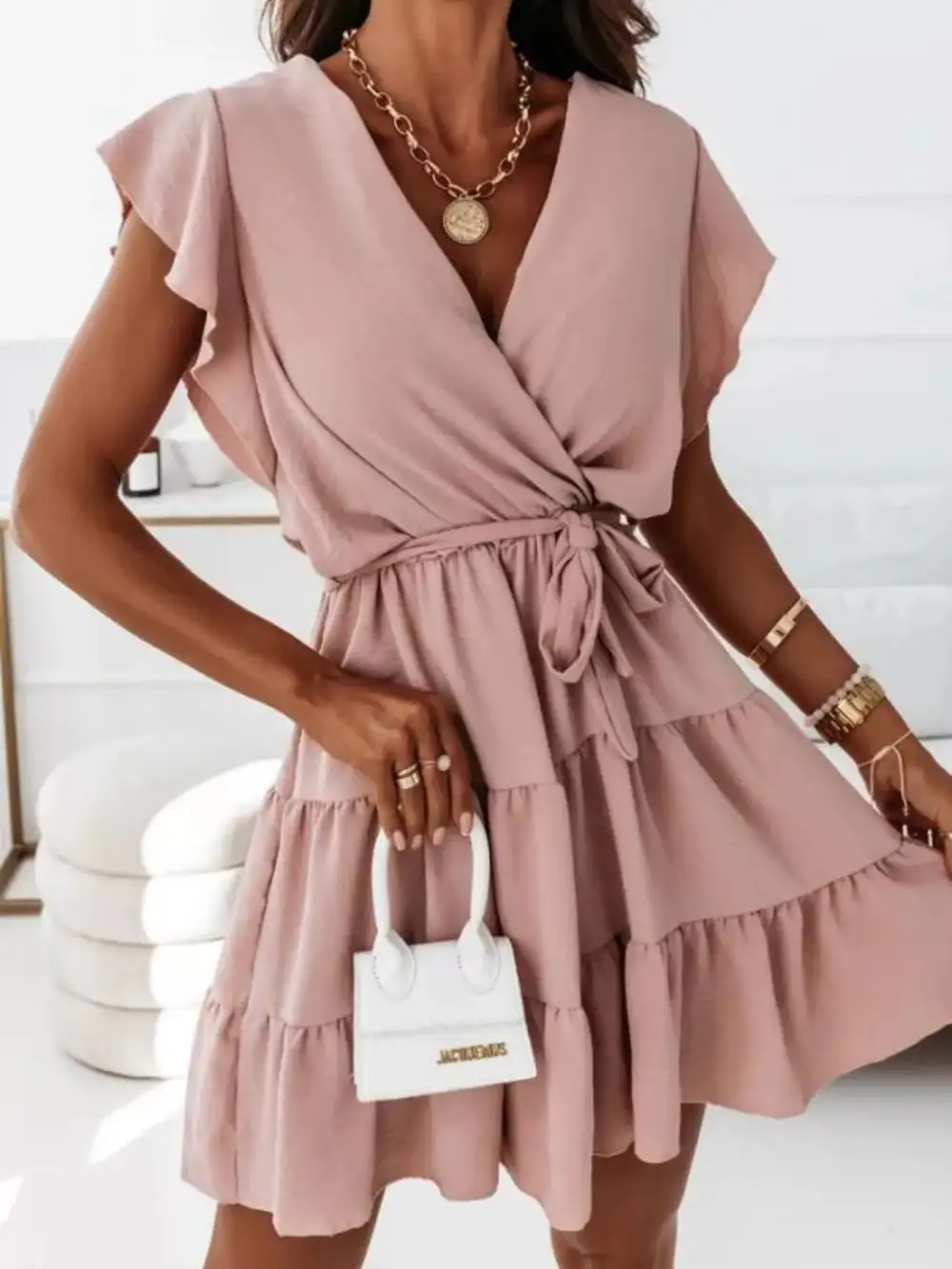 Ruffle Sleeve Tie Waist Tiered Mini Dress