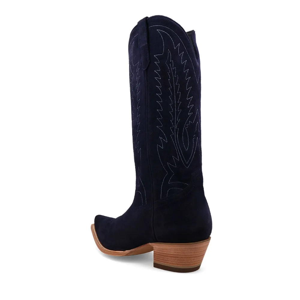 Classic Faux-Suede Embroidered Snip-Toe Chunky-Heel Mid-Calf Boots
