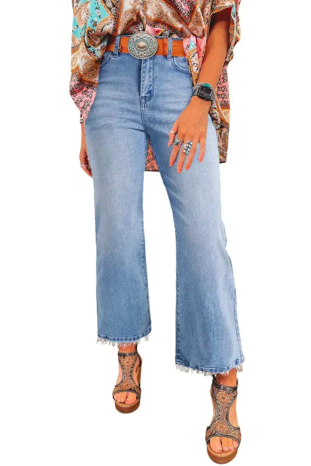 High Waist Flared Raw Hem Washed Casual Jeans