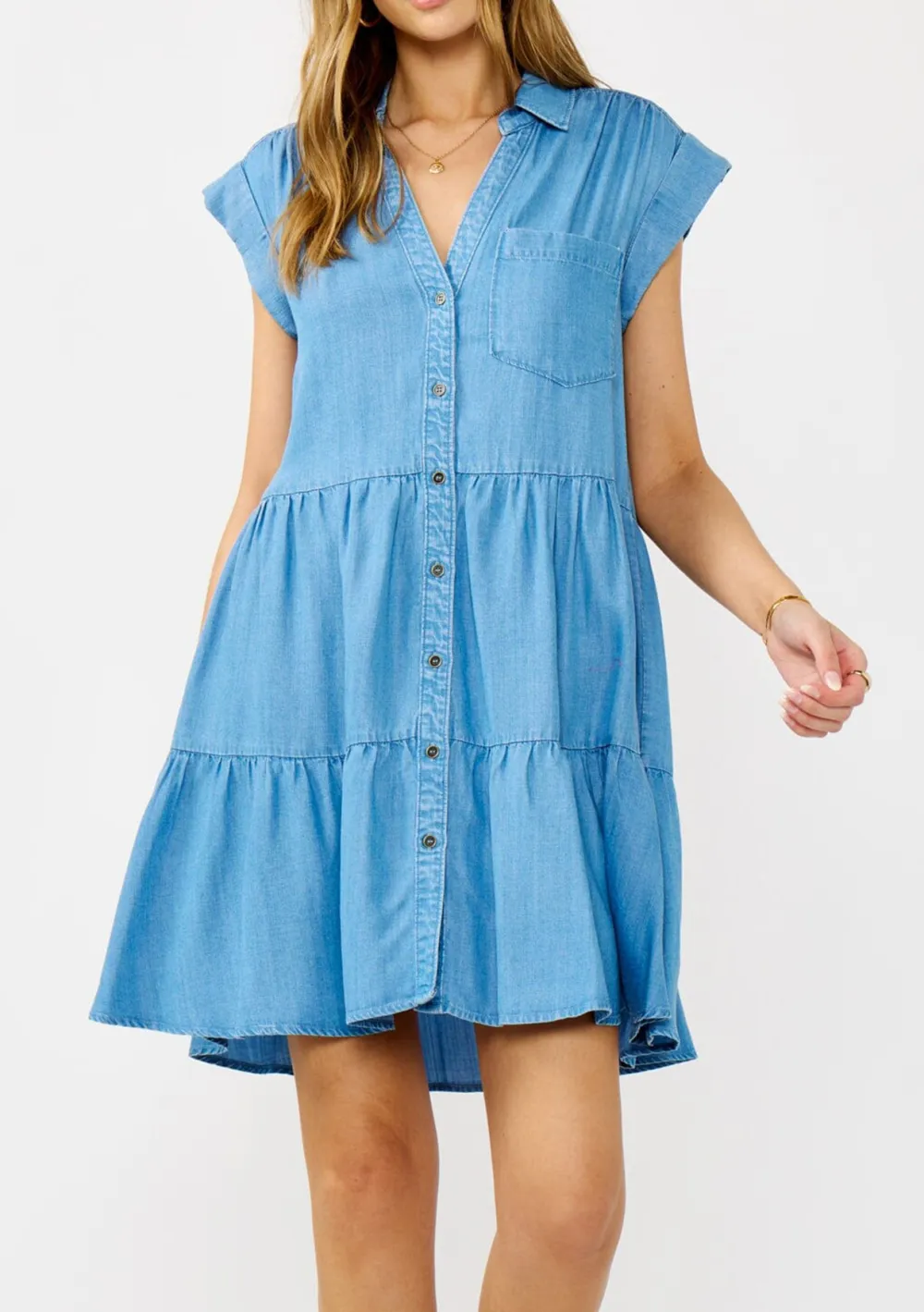 Tiered Button Up Cap Sleeve Dress