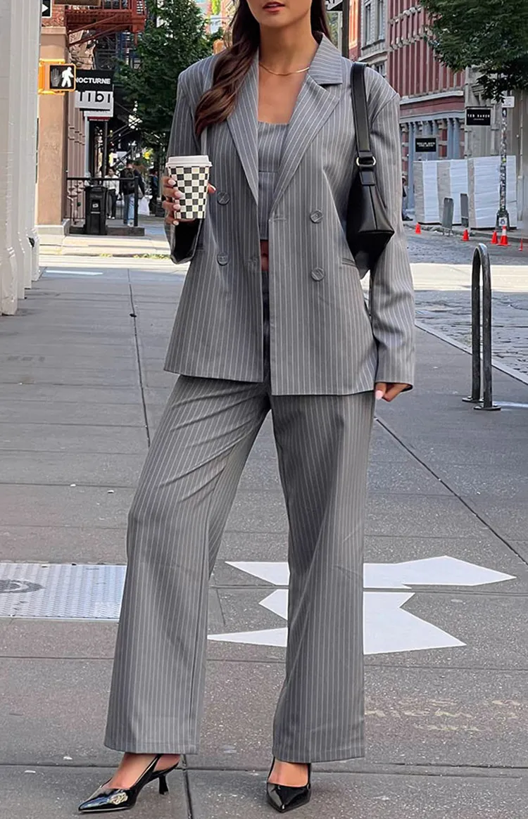 Gray Pinstripe Wide Leg Pants