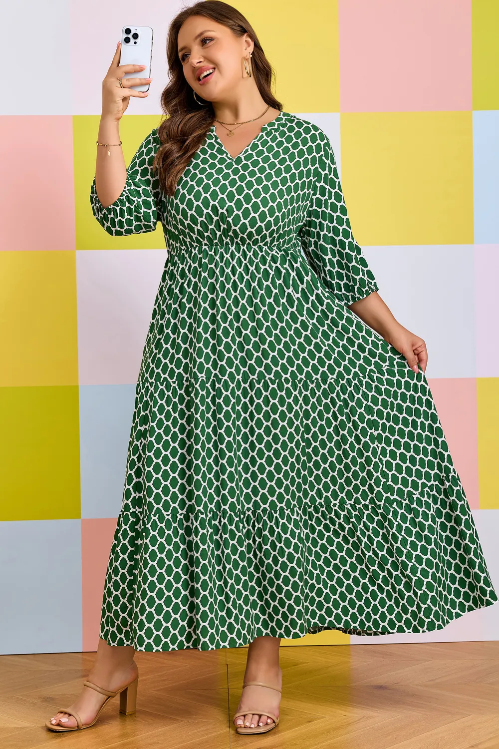 Green Geometric Ruffle Hem Dress