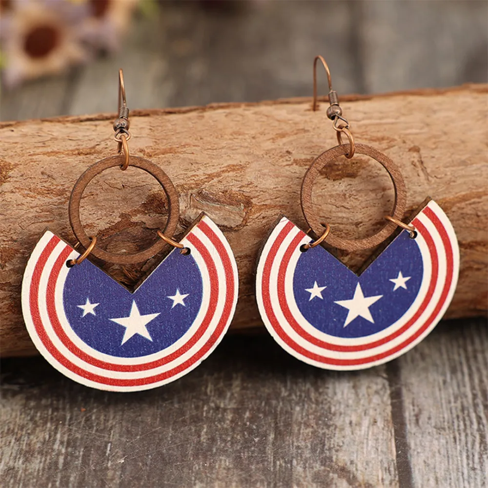 Red Blue Print Wooden Earrings
