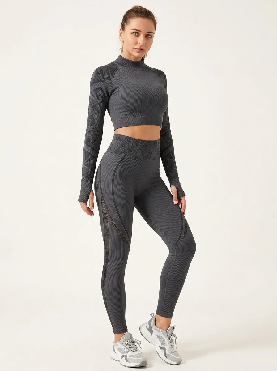Women's Charcoal Seamless Mock Neck Long Sleeve and Leggings Set