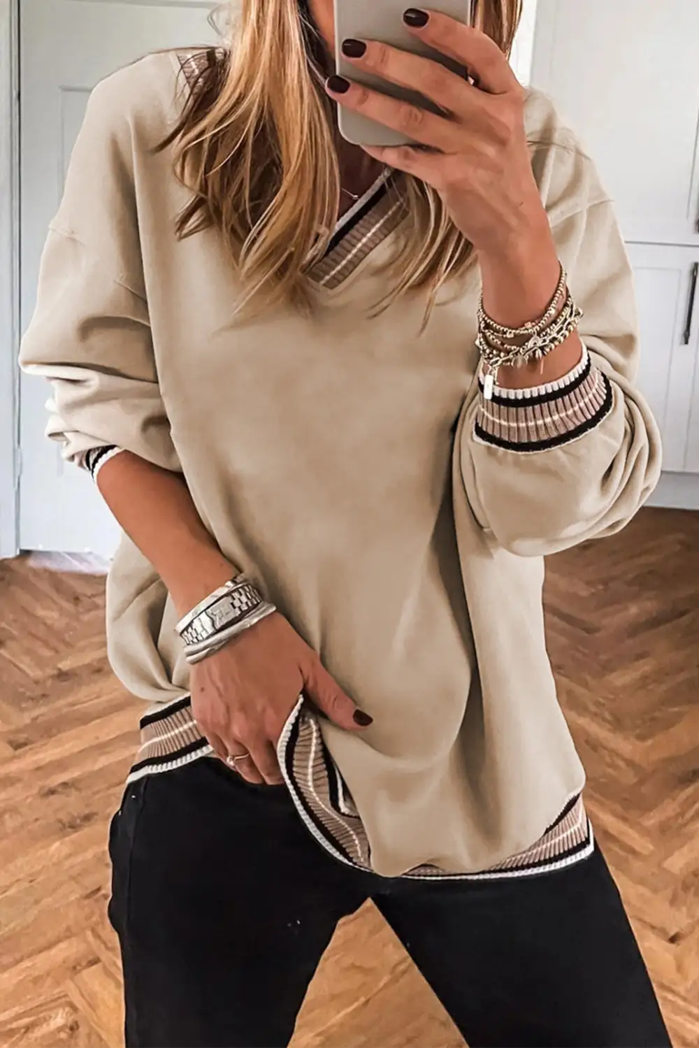 Striped Contrast Trim Varsity Stripe Sweatshirt