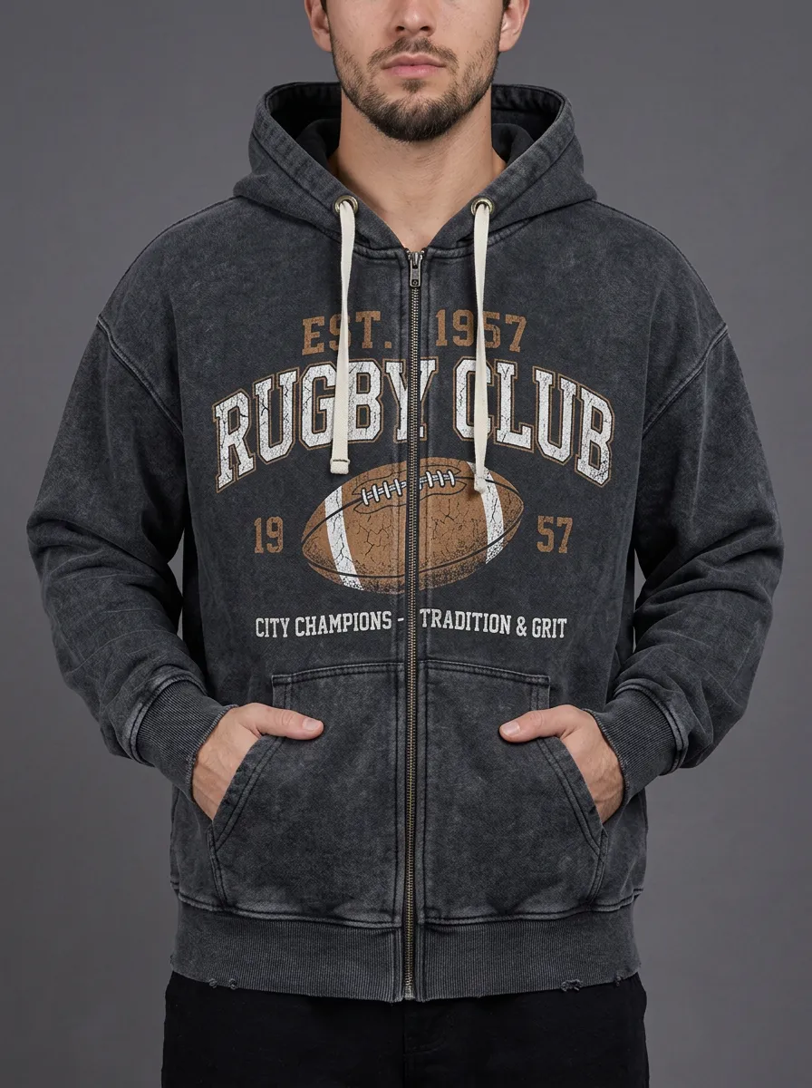 Men's Rugby Club 1957 Vintage Ball Printed Zip-up Hoodie