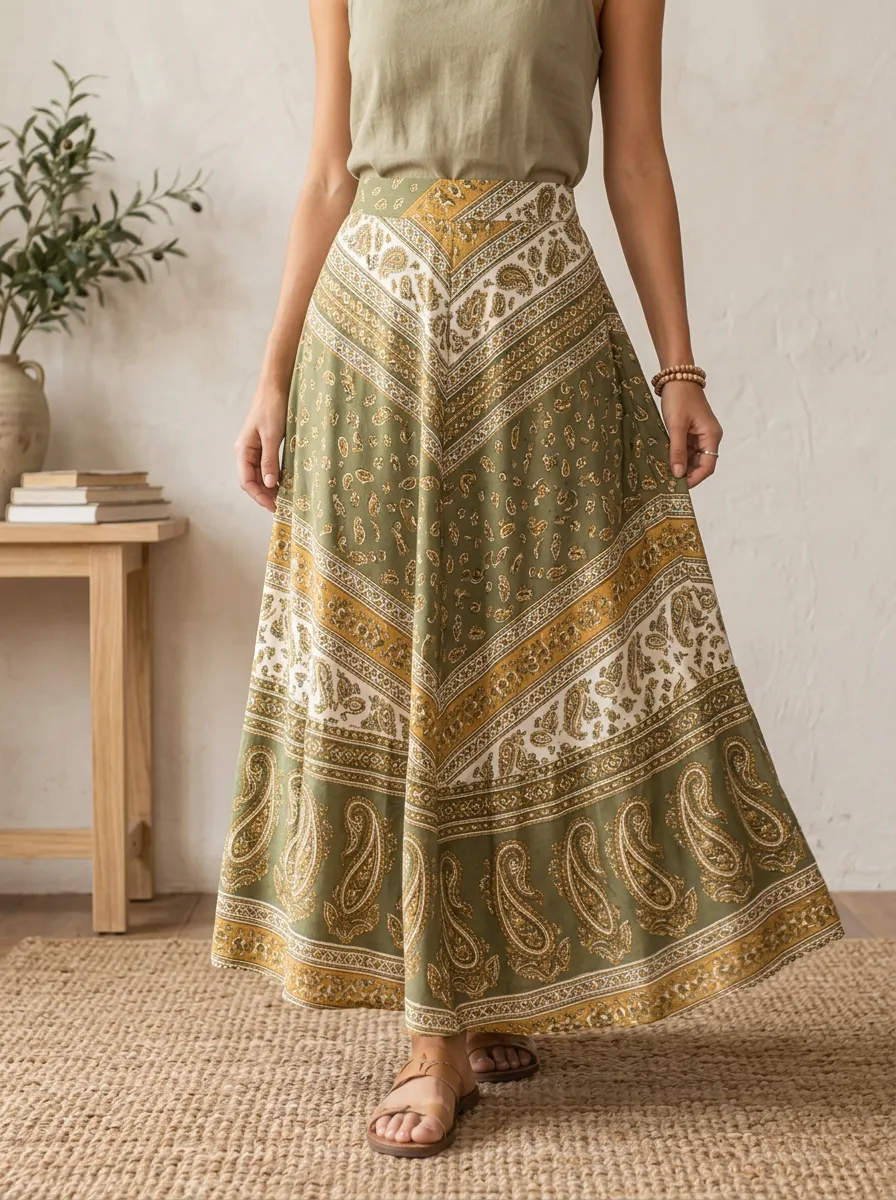 Women's Bohemian Paisley Print A-Line Maxi Skirt