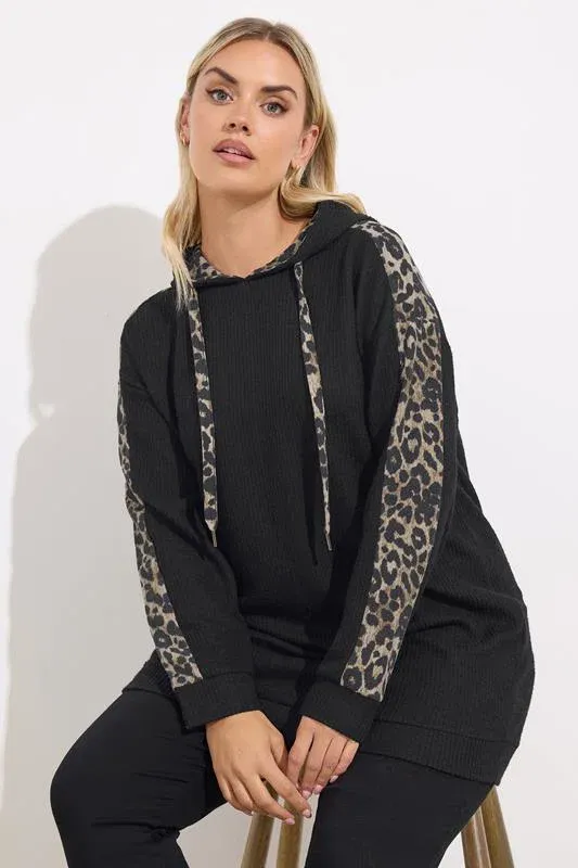 Black Leopard Print Trim Hoodie