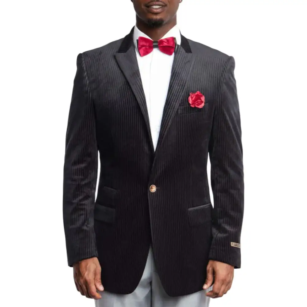 Black Modern Fit Velvet Stripe Peak Lapel Jacket